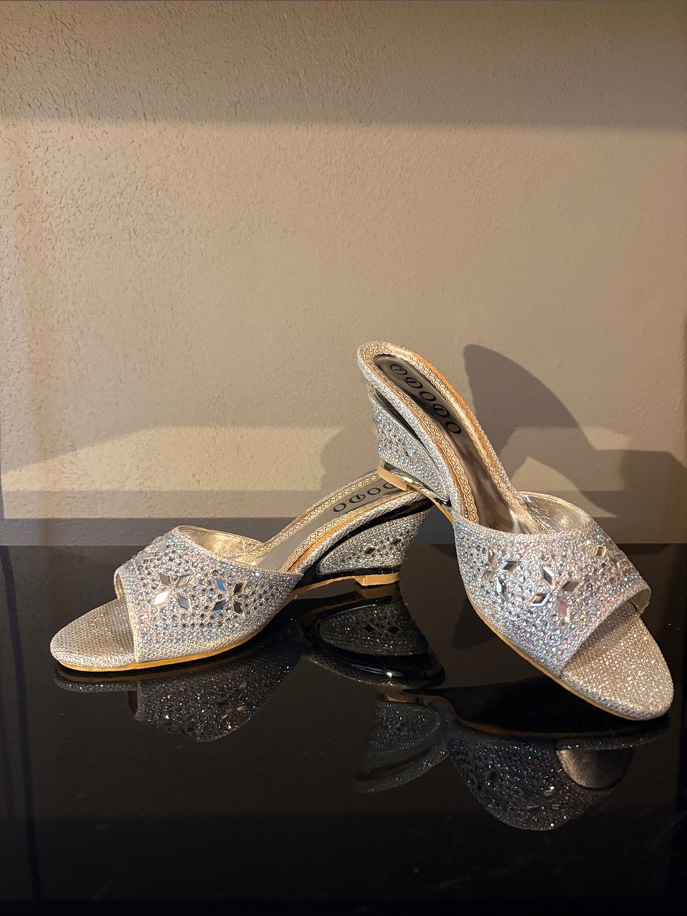 Silver Crystal-Embellished Open-Toe Mules size 7